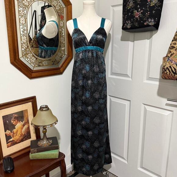Y2K Johnny Martin Black & Teal Blue Polka Dot Pattern Satin Maxi Slip Dress 1/XS - Picture 1 of 8